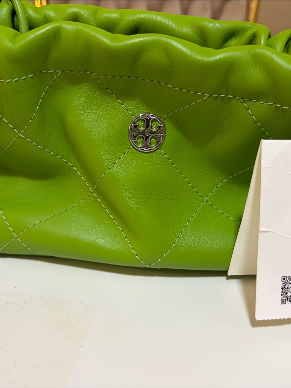 Tory Burch Bright Lime Quilted Leather Clutch with Logo Medallion